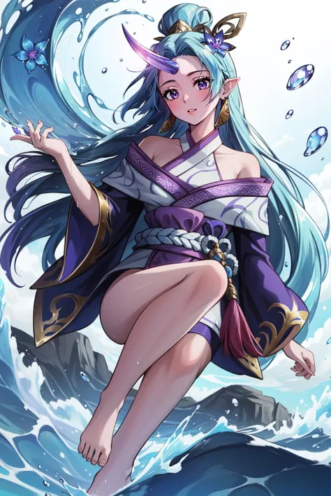(masterpiece, best quality), intricate details,
1girl, <lora:spirit_blossom_soraka:0.8> spirit blossom soraka, 1girl, purple skin, colored skin, single horn, kimono, hair ornament, bare shoulders, long hair, barefoot
water, splashing, waves,