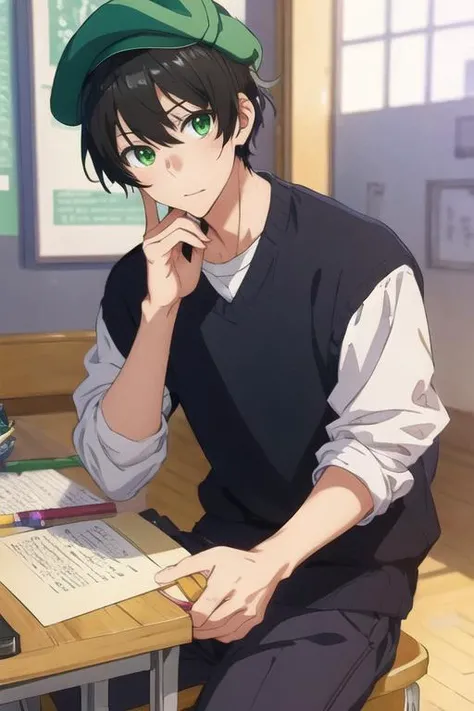 masterpiece, best quality, illustration, 1boy, solo, male focus, looking at viewer, , depth of field, <lora:tasuku_kuresawa:0.72>, tasuku_kuresawa, black hair, , green eyes, , hat