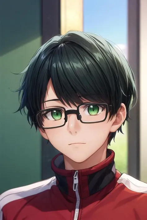 masterpiece, best quality, illustration, 1boy, solo, male focus, looking at viewer, upper body, depth of field, <lora:tasuku_kuresawa:0.72>, tasuku_kuresawa, black hair, glasses, green eyes, track suit,