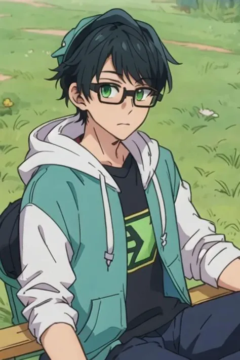 masterpiece, best quality, , 1boy, solo, male focus, looking at viewer, , , <lora:tasuku_kuresawa:0.72>, tasuku_kuresawa, black hair, glasses, green eyes, hoodie, hat
