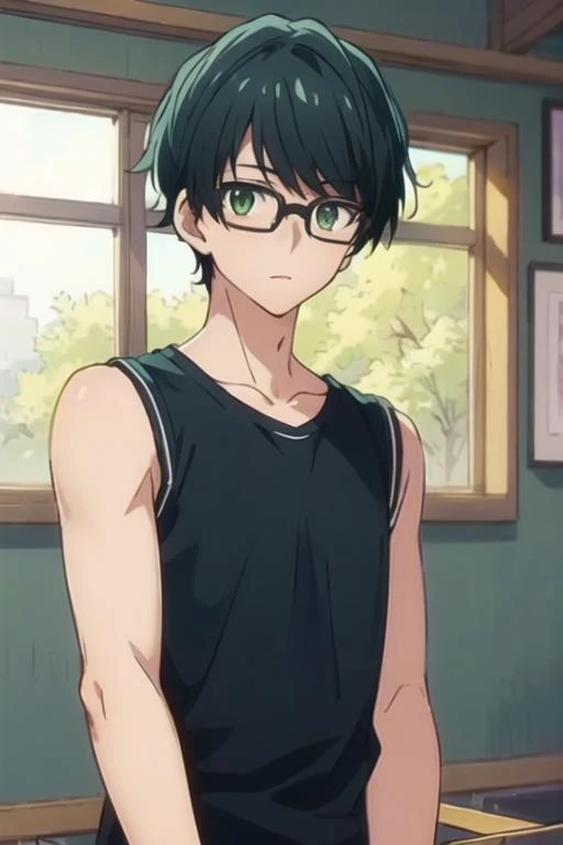 masterpiece, best quality, , 1boy, solo, male focus, looking at viewer, upper body, depth of field, <lora:tasuku_kuresawa:0.70>, tasuku_kuresawa, black hair, , green eyes, tank top,