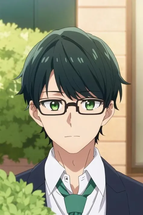 masterpiece, best quality, , 1boy, solo, male focus, looking at viewer, , depth of field, <lora:tasuku_kuresawa:0.64>, tasuku_kuresawa, black hair, glasses, green eyes, formal, necktie, dress shirt,