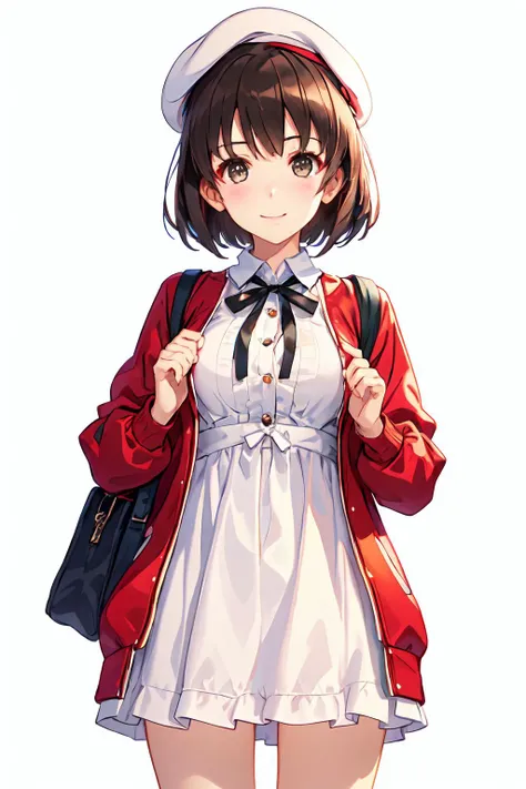 (masterpiece:1.6, best quality), (finely detailed beautiful eyes: 1.2), ph_katou, katouhdlong, katouhd, 1girl, solo, holding eyewear, hat, eyewear removed, dress, brown hair, bangs, holding, short hair, simple background, glasses, jacket, white background, open jacket, smile, white headwear, brown eyes, open clothes, blush, white dress, red jacket, ribbon, long sleeves, standing, closed mouth, beret, bow, neck ribbon, breasts, black ribbon, buttons, medium breasts, black-framed eyewear, short dress, backlighting, wing collar, manka
<lora:Katou_Megumi_FB_64:1>