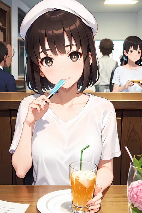 (masterpiece:1.6, best quality), (finely detailed beautiful eyes: 1.2),ph_katou, katouhdlong, hand fan, solo focus, 1girl, hat, paper fan, brown eyes, uchiwa, short hair, bangs, shirt, brown hair, depth of field, black hair, beret, holding, collarbone, drinking straw, multiple boys, short sleeves, drinking glass, drink, black eyes, cup, white shirt, glass
<lora:Katou_Megumi_FB_64:1>