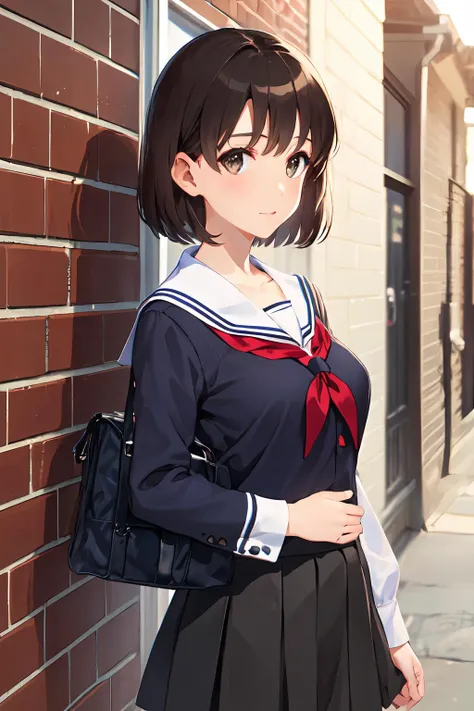 (masterpiece:1.6, best quality), (finely detailed beautiful eyes: 1.2), ph_katou, katouhdlong, katouhd, 1girl, solo, black school uniform, short hair, skirt, bangs, brown eyes, brown hair, pleated skirt, black socks, kneehighs, school bag, serafuku, collarbone, long sleeves, sailor collar, street, outdoors,
<lora:Katou_Megumi_FB_64:1>