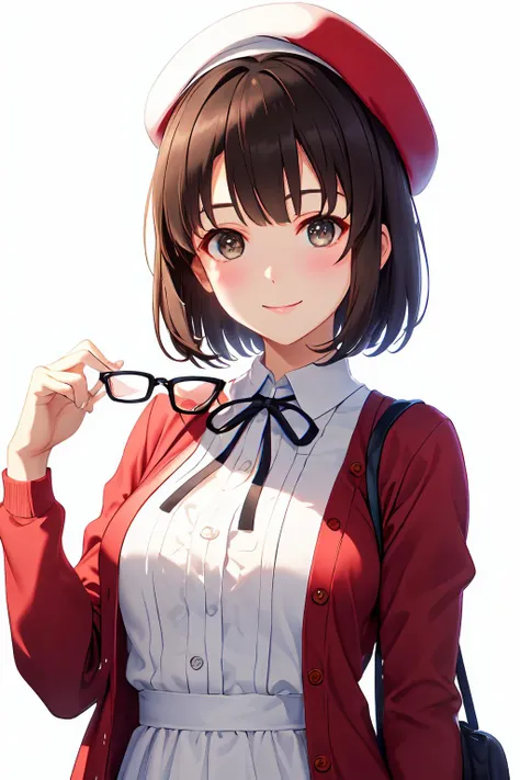 (masterpiece:1.6, best quality), (finely detailed beautiful eyes: 1.2),  ph_katou, katouhdlong, katouhd, 1girl, solo, holding eyewear, hat, eyewear removed, dress, brown hair, bangs, holding, short hair, simple background, glasses, jacket, white background, open jacket, smile, white headwear, brown eyes, open clothes, blush, white dress, red jacket, ribbon, long sleeves, standing, closed mouth, beret, bow, neck ribbon, breasts, black ribbon, buttons, medium breasts, black-framed eyewear, short dress, backlighting, wing collar, manka
<lora:Katou_Megumi_FB_64:1>