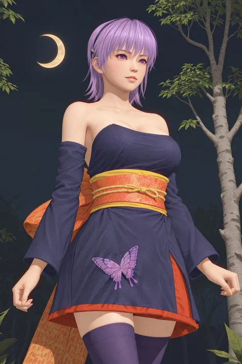 masterpiece, best quality, ayane, short hair, big breasts, hairband, japanese clothes, purple thighhighs, in forest, night, moonlight, moonlight butterfly, bare shoulders, realistic, dappled sunlight, looking ahead, <lora:ayane00-000018:0.45>
