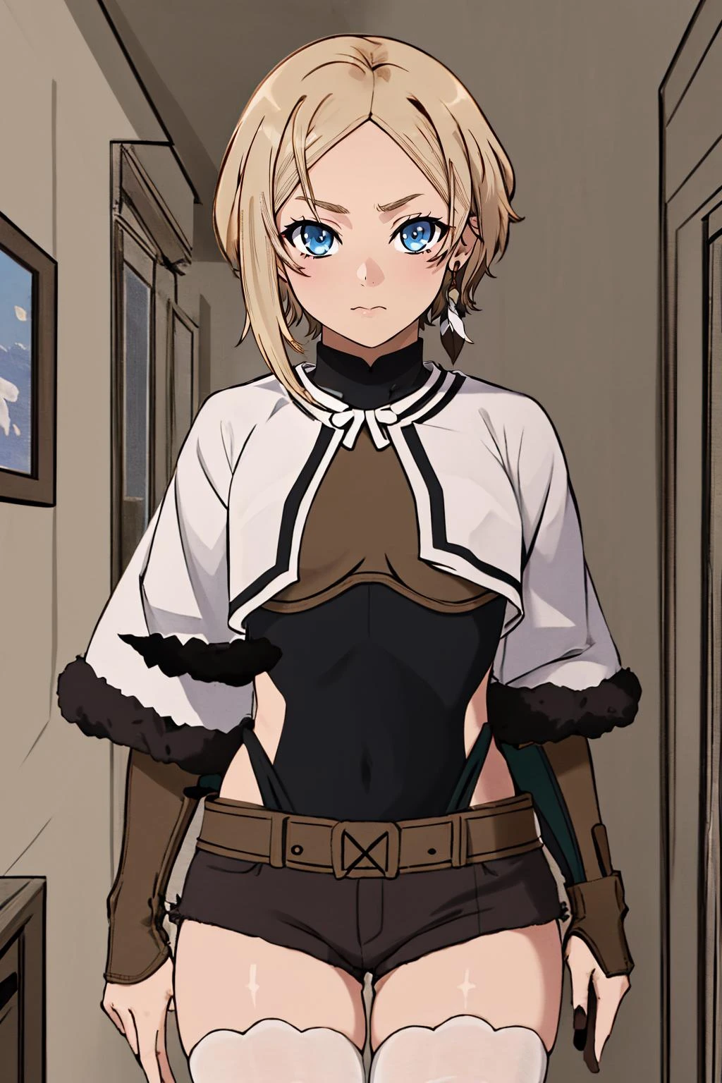 masterpiece, best quality, highres, <lora:SaraEDGv1-000110:1>, Sara, covered_navel, looking_at_viewer, white_capelet, black_shorts, white_thighhighs, fur_trim, belt, brown_glove, single_glove, feather_earing, asymmetrical_hair leotard_under_clothes, black_leotard