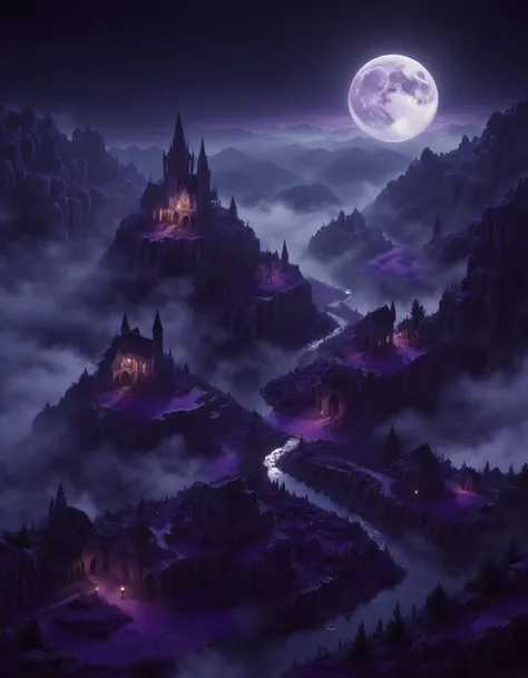 (realistic photo of a valley comes alive at night), a magical gothic village, full moon, purple magical fogs, (tilemapstyle, voxel), great lighting, gothic horror style, cinematic lighting, isometric view <lora:ral-mtclniscp-sdxl:0.6> ral-mtclniscp <lora:great_lighting:0.7> <lora:TileMapStyle_v1:1.0>