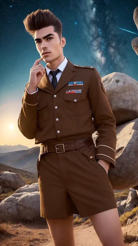 an awarded profesional photography of (1man:1.3) African with brown eyes eyes and High Arched Brows and male Regal pompadour with side part hairstyle hairstyle and circle beardin Mocha Brown color, he is Air hostess bored, knees apart feet together in A mountain scene with a field of boulders and a clear, starry night sky ,(epic scene:1.3),ultradetialed character with perfect face,detailed skin,(ultrasharp:1.3),(masterpiece:1.1),best quality,(photorealistic:1.2),ultrarealistic,realistic ultradetailed character,4k perfect quality, <lyco:GoodHands-beta2:1> by by William Eggleston Rim Lighting camera angle dutch angle and cropped legs Magnificent,Imperceptible detail,Intricately designed, (perfect quality face:1.5) hyper-detailed complex, insanely detailed, detailed clothes, detailed skin, detailed body,