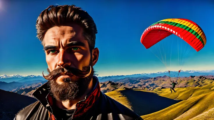 an awarded profesional photography of (1man:1.3) Celtic  with ice blue  eyes  and Bushy Brows and male thin beard hairstyle and Chevron mustachein Espresso Brown color, wearing a Queens costume   blush stickers, animal pose   in A mountain scene with a colorful paraglider soaring over a deep valley by by Sam Abell Key Lighting,(epic scene:1.3),ultradetialed character with perfect face,detailed skin,(ultrasharp:1.3),(masterpiece:1.1),best quality,(photorealistic:1.2),ultrarealistic,realistic ultradetailed character,4k perfect quality, Long shot,  focus on character, <lyco:GoodHands-beta2:1> Magnificent,Imperceptible detail,Intricately designed,  (perfect quality face:1.5)  hyper-detailed complex,  very intricate details,  insanely detailed, detailed clothes, detailed skin, detailed body, nice character figure