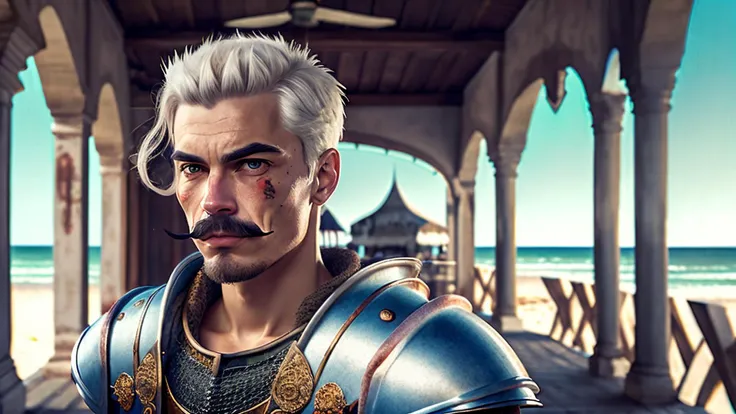 an awarded profesional photography of (1man:1.3) dragon with pink eyes white eyes eyes and High Arched Brows and male mustache hairstyle and designer stubble shavingin Gray color, dressed as Knight guard <lora:RPGGuard:.9> evil, tiptoe kiss in forgotten beach resort, dilapidated cabanas, decaying boardwalk, echoes of leisure ,(epic scene:1.3),ultradetialed character with perfect face,detailed skin,(ultrasharp:1.3),(masterpiece:1.1),best quality,(photorealistic:1.2),ultrarealistic,realistic ultradetailed character,4k perfect quality, <lyco:GoodHands-beta2:1> by Roger Ballen Overcast Lighting camera angle pov and focus on full body Magnificent,Imperceptible detail,Intricately designed, (perfect quality face:1.5) hyper-detailed complex, insanely detailed, detailed clothes, detailed skin, detailed body,