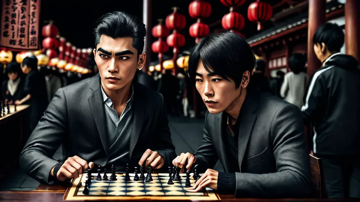 an awarded profesional photography of (1man:1.3) Native Americans  with red eyes  eyes  and Arched Brows and male Straight Asymmetrical Fringe hair hairstyle and clean shavenin balayage color, he is Racing girl/Racer   determined, playing a game chess   in Visit the vibrant Asakusa district in Tokyo, home to the iconic Senso-ji Temple, with its bustling Nakamise shopping street, traditional food stalls, and lively atmosphere by by Peter Lindbergh Reflective Lighting,(epic scene:1.3),ultradetialed character with perfect face,detailed skin,(ultrasharp:1.3),(masterpiece:1.1),best quality,(photorealistic:1.2),ultrarealistic,realistic ultradetailed character,4k perfect quality, Medium long shot,  focus on character, <lyco:GoodHands-beta2:1> Magnificent,Imperceptible detail,Intricately designed,  (perfect quality face:1.5)  hyper-detailed complex,  very intricate details,  insanely detailed, detailed clothes, detailed skin, detailed body, nice character figure