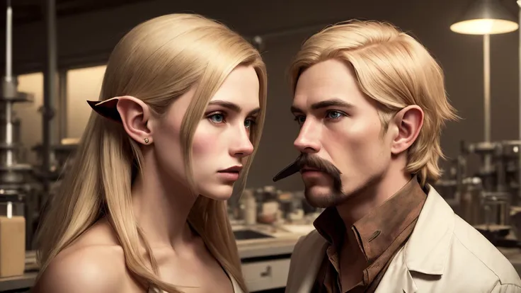 an awarded profesional photography of (1man:1.3) African  with black eyes brown eyes eyes  and Angular Brows and male low fade hairstyle and walrus mustachein Sandy Blonde color, dressed in a elf costume    powerless, holding hands   in laboratory ,(epic scene:1.3),ultradetialed character with perfect face,detailed skin,(ultrasharp:1.3),(masterpiece:1.1),best quality,(photorealistic:1.2),ultrarealistic,realistic ultradetailed character,4k perfect quality, <lyco:GoodHands-beta2:1> by Peter Lindbergh  Shadow Lighting camera angle dutch angle and feet out of frame Magnificent,Imperceptible detail,Intricately designed,  (perfect quality face:1.5)  hyper-detailed complex,  insanely detailed, detailed clothes, detailed skin, detailed body,