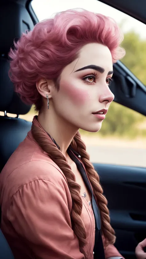 an awarded profesional photography of (1man:1.3) Indigenous  with brown  eyes  and Round Brows and male Curly Braids hair  hairstyle and designer stubble shavingin pinkish color, dressed like a princess    squealing with excitement, balancing   in car interior ,(epic scene:1.3),ultradetialed character with perfect face,detailed skin,(ultrasharp:1.3),(masterpiece:1.1),best quality,(photorealistic:1.2),ultrarealistic,realistic ultradetailed character,4k perfect quality, <lyco:GoodHands-beta2:1> by by Larry Sultan Three-Point Lighting camera angle from side and focus on face  Magnificent,Imperceptible detail,Intricately designed,  (perfect quality face:1.5)  hyper-detailed complex,  insanely detailed, detailed clothes, detailed skin, detailed body,