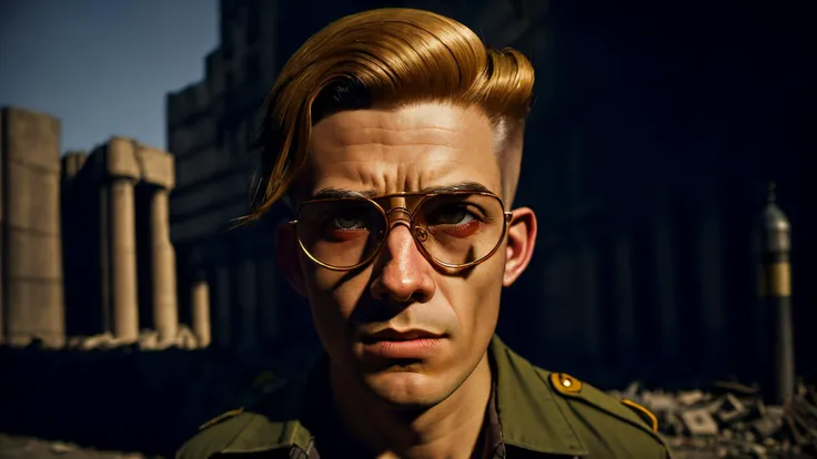 an awarded profesional photography of (1man:1.3) goblin  with white eyes  eyes  and Angular Brows and male Straight Classic Pompadour hair hairstyle and French beardin Pistachio Shell Blonde color, he wear swim trunks and Monolithic glasses   disappointed, crawling   in WWII, London during the Blitz, rubble, blackout curtains, air raid shelters, barrage balloons, searchlights by Sally Mann  Footlight,(epic scene:1.3),ultradetialed character with perfect face,detailed skin,(ultrasharp:1.3),(masterpiece:1.1),best quality,(photorealistic:1.2),ultrarealistic,realistic ultradetailed character,4k perfect quality, Long shot,  focus on character, <lyco:GoodHands-beta2:1> Magnificent,Imperceptible detail,Intricately designed,  (perfect quality face:1.5)  hyper-detailed complex,  very intricate details,  insanely detailed, detailed clothes, detailed skin, detailed body, nice character figure