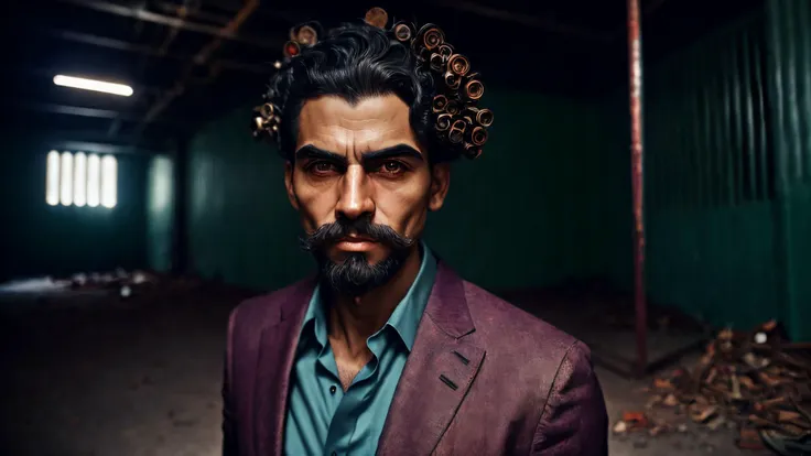 an awarded profesional photography of (1man:1.3) Persian  with pink  eyes  and Natural Brows and male Curly Finger Waves hair  hairstyle and scruffy beardin auburn color, wearing a business suit   torogao, plantar flexion   in An abandoned factory with rusting machinery, graffiti-covered walls, and remnants of its industrial past by by Margaret Bourke-White Diffused Lighting,(epic scene:1.3),ultradetialed character with perfect face,detailed skin,(ultrasharp:1.3),(masterpiece:1.1),best quality,(photorealistic:1.2),ultrarealistic,realistic ultradetailed character,4k perfect quality, Medium long shot,  focus on character, <lyco:GoodHands-beta2:1> Magnificent,Imperceptible detail,Intricately designed,  (perfect quality face:1.5)  hyper-detailed complex,  very intricate details,  insanely detailed, detailed clothes, detailed skin, detailed body, nice character figure