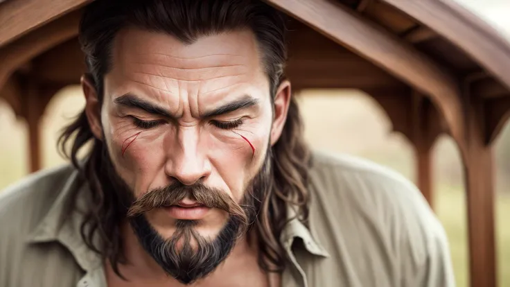 an awarded profesional photography of (1man:1.3) Viking with closed eyes eyes and Trimmed Brows and male goatee hairstyle and horseshoe mustachein Mahogany color, he is Craftsman trembling, villain pose in gazebo ,(epic scene:1.3),ultradetialed character with perfect face,detailed skin,(ultrasharp:1.3),(masterpiece:1.1),best quality,(photorealistic:1.2),ultrarealistic,realistic ultradetailed character,4k perfect quality, <lyco:GoodHands-beta2:1> by by Robert Capa Shadow Lighting camera angle from above and focus on face Magnificent,Imperceptible detail,Intricately designed, (perfect quality face:1.5) hyper-detailed complex, insanely detailed, detailed clothes, detailed skin, detailed body,
