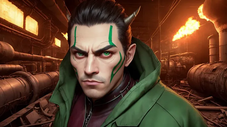 an awarded profesional photography of (1man:1.3) Aztec with brown eyes purple eyes eyes and Natural Brows and male Straight Short Side-Swept Hair hair hairstyle and French beardin Emerald green color, dressed as horned one hot, saboten pose in derelict power plant, cracked reactors, hazardous radiation, flickering lights ,(epic scene:1.3),ultradetialed character with perfect face,detailed skin,(ultrasharp:1.3),(masterpiece:1.1),best quality,(photorealistic:1.2),ultrarealistic,realistic ultradetailed character,4k perfect quality, <lyco:GoodHands-beta2:1> by Georges Mlis Footlight camera angle from behind and very wide shot Magnificent,Imperceptible detail,Intricately designed, (perfect quality face:1.5) hyper-detailed complex, insanely detailed, detailed clothes, detailed skin, detailed body,