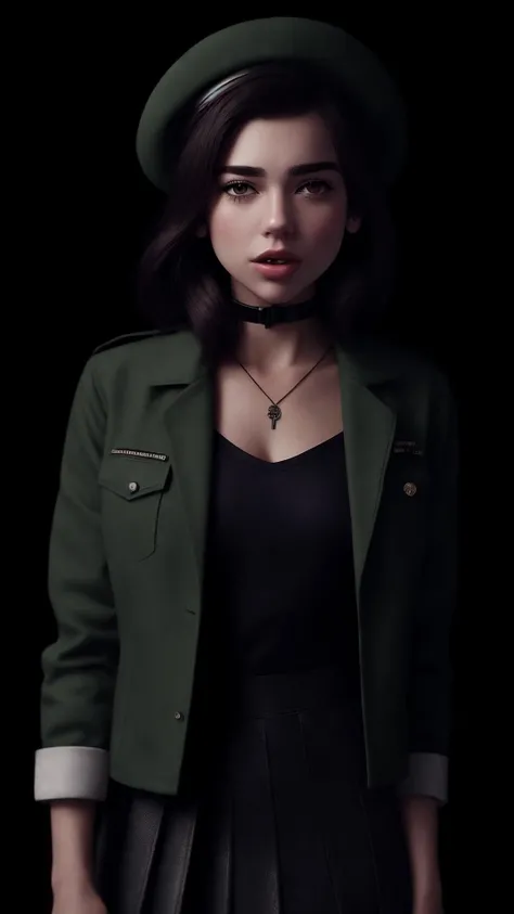 an awarded profesional photography of 1girl dualipa , beautiful Sapphire eyes, long hair twin drills green with nejiri hachimaki with arm belt German Women's Auxiliary Services (Helferinnen) Uniform: Gray-green, jacket and skirt, white blouse, necktie, peaked cap/beret, insignia with facial expresion depressed,she make Standing with hands in front, fingers intertwined pose neck ruff in a concert, in winter by Gordon Parks Key Lighting,(epic scene:1.3),ultradetialed character with perfect face,detailed skin,(ultrasharp:1.3),(masterpiece:1.1),best quality AS-YoungV2,(photorealistic:1.2),ultrarealistic,realistic ultradetailed character,4k perfect quality,Medium long shot<lyco:GoodHands-beta2:1>Magnificent,Imperceptible detail,Intricately designed, (perfect quality face:1.5) hyper-detailed complex, very intricate details, insanely detailed