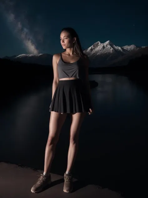 1girl, solo , photorealistic, miniskirt, (night:0.9), night sky, river, mountains, (natural skin texture, hyperrealism, soft light, sharp)