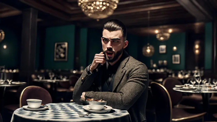 an awarded profesional photography of (1man:1.3) Russian  with grey  eyes  and Arched Brows and male Straight Sleek Top Knot hair hairstyle and goatee shavingin Almond Brown color, dressed as Duelist   screaming, Seated on a velvet ottoman, she cradles a delicate porcelain doll, lost in her own whimsical world  in Artistic Tabletops: Each table in the cafe features artistic tabletop designs, showcasing intricate patterns, illustrations, or even miniature sculptures. The artistic tabletops serve as conversation starters and add an extra layer of visual interest to the dining experience. by Jeff Wall  Bounce Lighting,(epic scene:1.3),ultradetialed character with perfect face,detailed skin,(ultrasharp:1.3),(masterpiece:1.1),best quality,(photorealistic:1.2),ultrarealistic,realistic ultradetailed character,4k perfect quality, Long shot,  focus on character, <lyco:GoodHands-beta2:1> Magnificent,Imperceptible detail,Intricately designed,  (perfect quality face:1.5)  hyper-detailed complex,  very intricate details,  insanely detailed, detailed clothes, detailed skin, detailed body, nice character figure
