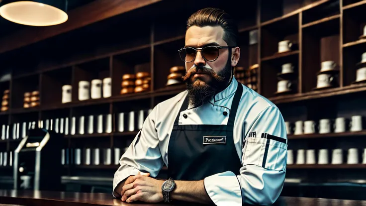 an awarded profesional photography of (1man:1.3) Slav with orange eyes eyes and Angular Brows and male thick beard hairstyle and soul patch shavingin medium brown color, he wear chef outfit and baseball helmet :>=, body bridge in Coffee Bean Library: A dedicated coffee bean library showcases an assortment of coffee beans sourced from various regions around the world. Guests can learn about the unique characteristics of each bean and even purchase their preferred variety to enjoy at home. by by Eve Arnold LED Lighting,(epic scene:1.3),ultradetialed character with perfect face,detailed skin,(ultrasharp:1.3),(masterpiece:1.1),best quality,(photorealistic:1.2),ultrarealistic,realistic ultradetailed character,4k perfect quality, Medium long shot, focus on character, <lyco:GoodHands-beta2:1> Magnificent,Imperceptible detail,Intricately designed, (perfect quality face:1.5) hyper-detailed complex, very intricate details, insanely detailed, detailed clothes, detailed skin, detailed body, nice character figure