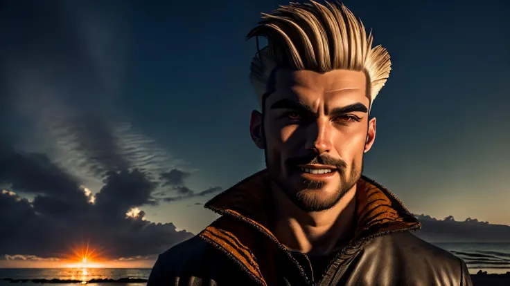 an awarded profesional photography of (1man:1.3) angel with yellow eyes eyes and Angular Brows and male high fade hairstyle and French beardin Ash blonde color, he wear patriotic costume and tsunokakushi light smile, pigeon pose in on the shores of a secluded beach at sunset by Bob Orsillo Accent Lighting,(epic scene:1.3),ultradetialed character with perfect face,detailed skin,(ultrasharp:1.3),(masterpiece:1.1),best quality,(photorealistic:1.2),ultrarealistic,realistic ultradetailed character,4k perfect quality, landscape with detailed character shot, focus on character, <lyco:GoodHands-beta2:1> Magnificent,Imperceptible detail,Intricately designed, (perfect quality face:1.5) hyper-detailed complex, very intricate details, insanely detailed, detailed clothes, detailed skin, detailed body, nice character figure