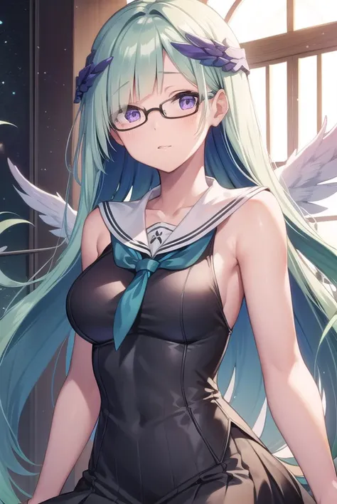 (8k, best quality, masterpiece: 1, 2), (realistic, realistic: 1, 37), top quality, masterpiece, no inner inside, glasses, green hair, long hair, bangs, large ponytail, heterochromic pupil, blue pupil of left eye, red pupil of right eye, angel wings, head ring, white head flower, casual wear, black backpack strap, neck strap, bare foot, bare foot, single foot, leg ring, flat chest, tomboy, stars in the eyes