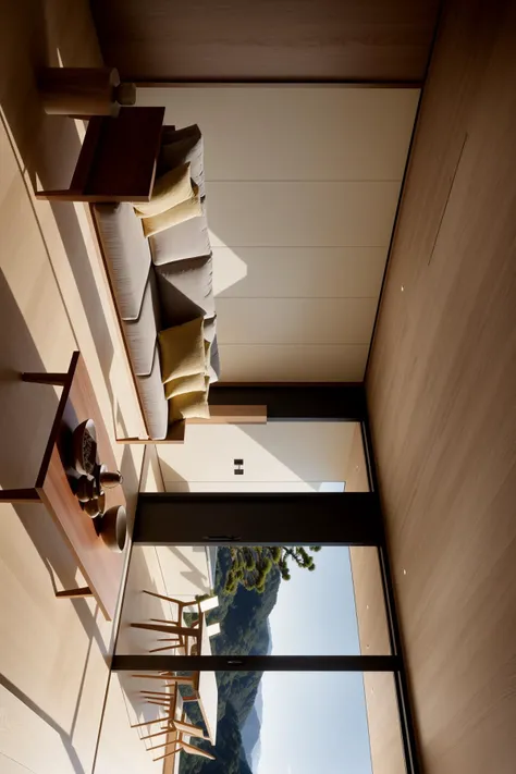 In a digital illustration that draws inspiration from the clean lines of Japanese design, the interior of a contemporary space unfolds. Crafted by renowned architects of Japan, the room showcases a seamless blend of modern aesthetics and the timeless beauty of walnut wood. The influence of Tadao Ando's minimalist architecture is evident in the harmonious balance of form and function. The color palette features neutral tones with subtle pops of natural wood, creating an atmosphere of serene sophistication. The characters in the scene exhibit a sense of appreciation for the balance between nature and modernity. Soft, diffused lighting accentuates the textures, enveloping the room in a calming and inviting glow