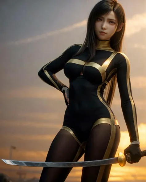 cinematic film still, tifa7re, Tifa lockhart holding a katana, wearing a bodysuit, red eyes, black hair, intricate, cinematic, (japan:1.4), (bokeh), (golden hour), <lora:tifaMeenow_tifaV2:0.6> <lora:zyd232_TifaLockhart_v1_0:0.2> <lora:more_details:0.3>