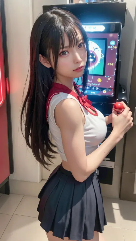 (8k, best quality, masterpiece:1.2), (realistic, photo-realistic:1.37), ultra-detailed, <lora:tifaMeenow_tifaV2:0.4>,<lora:koreanDollLikeness_v15:0.2>,<lora:japaneseDollLikeness_v10:0.2>,<lora:ChineseDollLikeness2.0:0.2>, <lora:liyuuLora_liyuuV1:0.2>,
1 girl,tifa_lockhart,((red_eye_iris:1.2)), beautiful detailed girl,full body, realistic, (medium_breasts:1), (sailor collar school uniform:1), (pleated skirt:1), from side,
light on face, cinematic lighting, detailed_arcade_center, arcade machine:1,