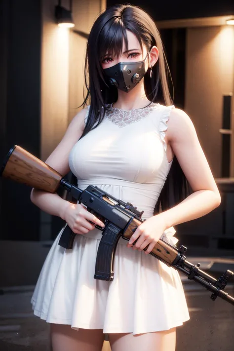 (8K, RAW photo, best quality, masterpiece:1.2), (realistic, photo-realistic:1.37), ultra-detailed,best quality, masterpiece, highres, 1girl,(high detailed skin:1.2), 8k uhd, dslr, high quality ,outdoors,a girl holding a rifle,standing, <lora:bettergunAK47WIP_betaWIP:0.3>masterpiece, best quality, high resolution,(akm), assault rifle, (kalashnikov rifle), trigger_discipline,dress, (holding rifle),face details,upper body, ak47,city, Broken building, <lora:techpunkMaskWearable_techpunkmaskV02:0.3> <lora:tifaMeenow_tifaV2:0.7>,mask,white dress,