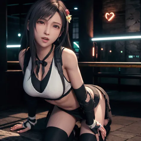 ((Master quality, 8K, masterpiece:1.3, ultra-detailed, high resolution, RAW Photos, detailed , blurry, Actual, hyper realistic, photo, HDR)), BREAK, perfect anatomy, perfect hands, perfect legs, perfect feet, detailed eyes, BREAK, One person alone, ff7r style, tifa lockhart,, beautiful face, beautiful detailed eyes, (dynamic posing ), long hair, ( Round and Stacked Breasts ), Cleavage, seductive smile:1.5, Sweat-soaked skin, BREAK, , Graffiti art, BREAK, ( Random Angle, full-body, ), dynamic angle, , background(Realistic , cinematic lighting, depth of field, night , the full moon,, cyberpunk city atmosphere light particles, , )