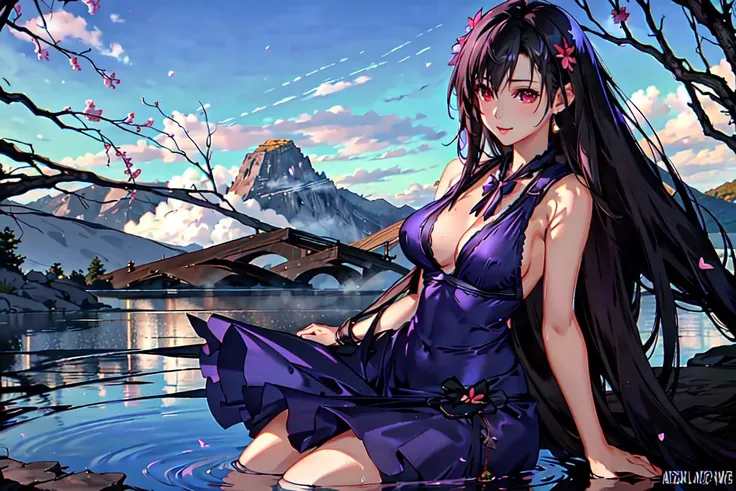 anime girl ,long mauve hair,wearing Halter dress top,have medium breasts, lake , Elif , butterflies
