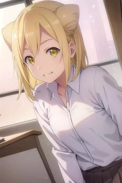 hikaritakanashi, <lora:hikari takanashi s1-lora-nochekaiser:1>,
hikari takanashi, medium hair, blonde hair, (yellow eyes:1.5), fang, hair bun, double bun, cone hair bun, smile, grin,
BREAK skirt, shirt, school uniform, white shirt, pleated skirt, brown skirt,
BREAK indoors, classroom,
BREAK looking at viewer, (cowboy shot:1.5),
BREAK <lyco:GoodHands-beta2:1>, (masterpiece:1.2), best quality, high resolution, unity 8k wallpaper, (illustration:0.8), (beautiful detailed eyes:1.6), extremely detailed face, perfect lighting, extremely detailed CG, (perfect hands, perfect anatomy),