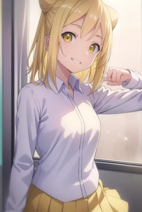 hikaritakanashi, <lora:hikari takanashi s1-lora-nochekaiser:1>,
hikari takanashi, medium hair, blonde hair, (yellow eyes:1.5), fang, hair bun, double bun, cone hair bun, smile, grin,
BREAK skirt, shirt, school uniform, white shirt, pleated skirt, brown skirt,
BREAK indoors, classroom,
BREAK looking at viewer, (cowboy shot:1.5),
BREAK <lyco:GoodHands-beta2:1>, (masterpiece:1.2), best quality, high resolution, unity 8k wallpaper, (illustration:0.8), (beautiful detailed eyes:1.6), extremely detailed face, perfect lighting, extremely detailed CG, (perfect hands, perfect anatomy),