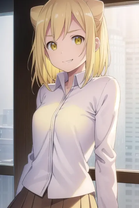 hikaritakanashi, <lora:hikari takanashi s1-lora-nochekaiser:1>,
hikari takanashi, medium hair, blonde hair, (yellow eyes:1.5), fang, hair bun, double bun, cone hair bun, smile, grin,
BREAK skirt, shirt, school uniform, white shirt, pleated skirt, brown skirt,
BREAK indoors, classroom,
BREAK looking at viewer, (cowboy shot:1.5),
BREAK <lyco:GoodHands-beta2:1>, (masterpiece:1.2), best quality, high resolution, unity 8k wallpaper, (illustration:0.8), (beautiful detailed eyes:1.6), extremely detailed face, perfect lighting, extremely detailed CG, (perfect hands, perfect anatomy),