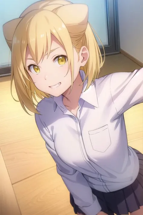 hikaritakanashi, <lora:hikari takanashi s1-lora-nochekaiser:1>,
hikari takanashi, medium hair, blonde hair, (yellow eyes:1.5), fang, hair bun, double bun, cone hair bun, smile, grin,
BREAK skirt, shirt, school uniform, white shirt, pleated skirt, brown skirt,
BREAK indoors, classroom,
BREAK looking at viewer, (cowboy shot:1.5),
BREAK <lyco:GoodHands-beta2:1>, (masterpiece:1.2), best quality, high resolution, unity 8k wallpaper, (illustration:0.8), (beautiful detailed eyes:1.6), extremely detailed face, perfect lighting, extremely detailed CG, (perfect hands, perfect anatomy),