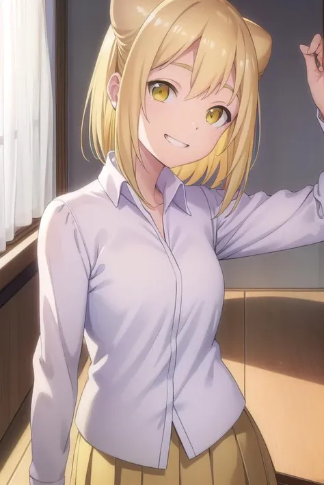 hikaritakanashi, <lora:hikari takanashi s1-lora-nochekaiser:1>,
hikari takanashi, medium hair, blonde hair, (yellow eyes:1.5), fang, hair bun, double bun, cone hair bun, smile, grin,
BREAK skirt, shirt, school uniform, white shirt, pleated skirt, brown skirt,
BREAK indoors, classroom,
BREAK looking at viewer, (cowboy shot:1.5),
BREAK <lyco:GoodHands-beta2:1>, (masterpiece:1.2), best quality, high resolution, unity 8k wallpaper, (illustration:0.8), (beautiful detailed eyes:1.6), extremely detailed face, perfect lighting, extremely detailed CG, (perfect hands, perfect anatomy),
