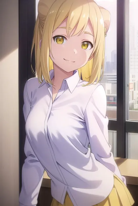 hikaritakanashi, <lora:hikari takanashi s1-lora-nochekaiser:1>,
hikari takanashi, medium hair, blonde hair, (yellow eyes:1.5), fang, hair bun, double bun, cone hair bun, smile, grin,
BREAK skirt, shirt, school uniform, white shirt, pleated skirt, brown skirt,
BREAK indoors, classroom,
BREAK looking at viewer, (cowboy shot:1.5),
BREAK <lyco:GoodHands-beta2:1>, (masterpiece:1.2), best quality, high resolution, unity 8k wallpaper, (illustration:0.8), (beautiful detailed eyes:1.6), extremely detailed face, perfect lighting, extremely detailed CG, (perfect hands, perfect anatomy),