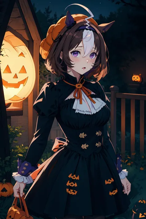 masterpiece, best quality,  1girl, meish0d0t0h, black dress, halloween costume, horse tail, hairband, white ascot, orange headwear, orange neck ribbon, juliet sleeves, <lora:MeishoDotoMulti-000024:1>, cowboy shot, establish , night halloween,