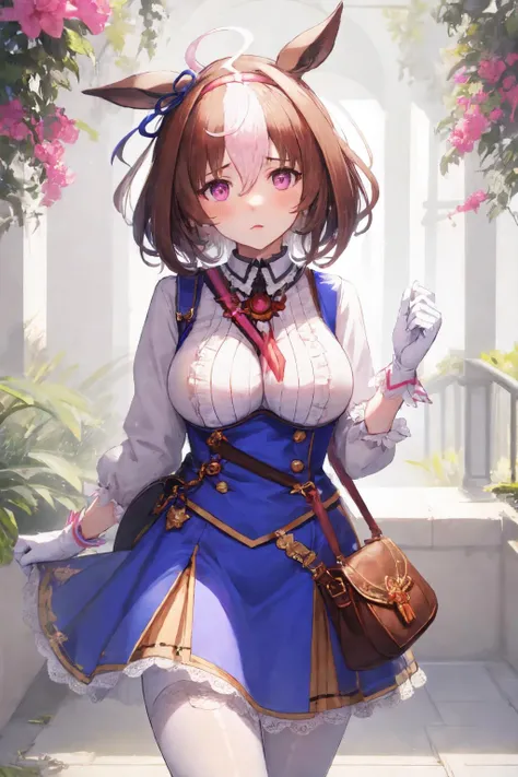 1girl,  meish0 d0t0,  blue dress, blue skirt,  blue ear ribbon, white gloves, pink hairband, white pantyhose, white legwear, frilled shirt collar, shoulder bag, flying sweatdrops,  <lora:Meisho Doto:1>, <lora:GBF_Splash:0.4>, splash art