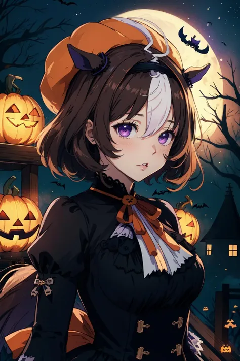 masterpiece, best quality,  1girl, meish0d0t0h, black dress, halloween costume, horse tail, hairband, white ascot, orange headwear, orange neck ribbon, juliet sleeves, <lora:MeishoDotoMulti-000024:1>, night sky, halloween,