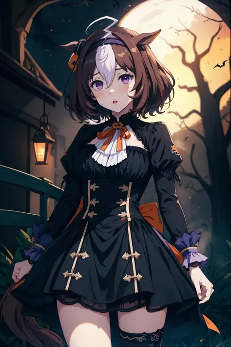 masterpiece, best quality, 1girl, meish0d0t0h, black dress, halloween costume, horse tail, hairband, white ascot, orange headwear, orange neck ribbon, juliet sleeves, <lora:MeishoDotoMulti-000024:1>, cowboy shot, establish , night halloween,