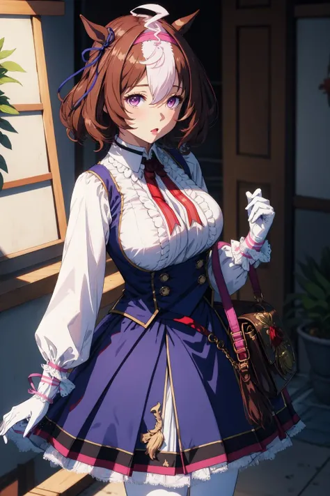 masterpiece, best quality, 1girl, meish0d0t0, blue skirt, shirt, horse tail, blue dress, blue ear ribbon, ribbon, white legwear, frilled shirt collar, white gloves, pink hairband, white pantyhose, shoulder bag, <lora:MeishoDotoMulti-000024:1>,