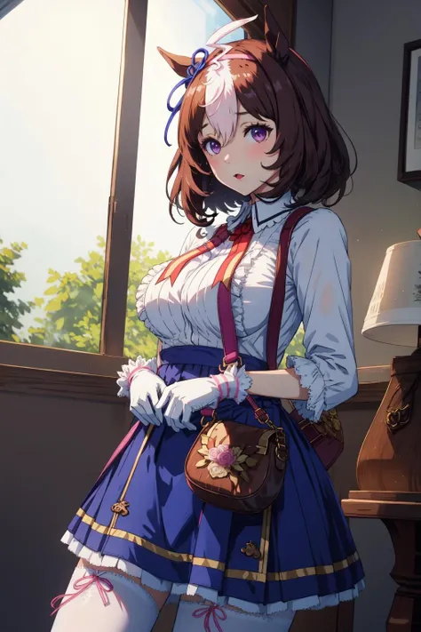 masterpiece, best quality, 1girl, meish0d0t0, blue skirt, shirt, horse tail, blue dress, blue ear ribbon, ribbon, white legwear, frilled shirt collar, white gloves, pink hairband, white pantyhose, shoulder bag, <lora:MeishoDotoMulti-000024:1>,