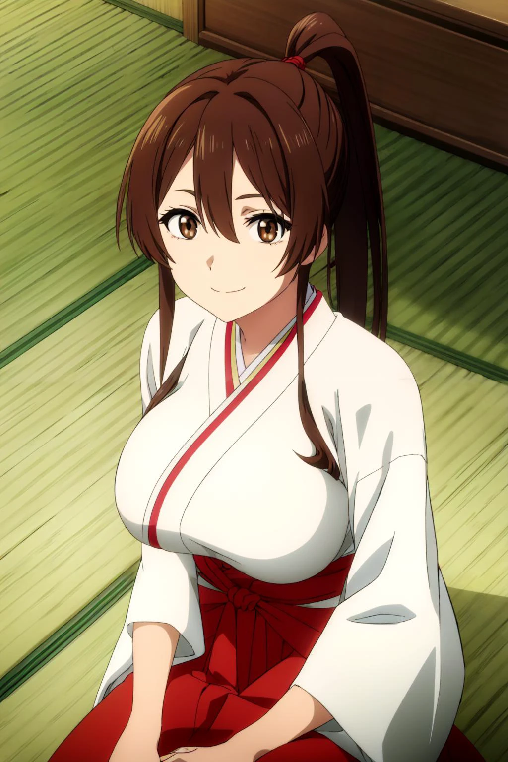 (masterpiece:1.2), (best_quality:1.2), ultra high res, ultra-detailed, 8K, HDR, highres, anime, highly detailed, (best shadow), (absurdres),
BREAK <lora:sagiri yamada asaemon s1-lora-nochekaiser:0.8>, (large breast), (perfect proportion:1.2), (narrow waist),
BREAK sagiri yamada asaemon, long hair, black hair, ponytail, high ponytail, (brown eyes:1.5),
BREAK japanese clothes, kimono, hakama,
BREAK close up, tatami room, looking at viewer, smile, captivating pose, looking at viewer, <lora:more_details:0.5>,