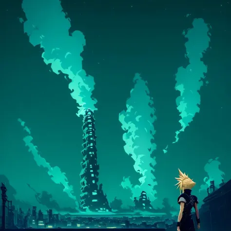 concept art, cloud strife standing on a rooftop overlooking shinra_hq in midgar, heavy smog, concept art, industrial cityscape, night,