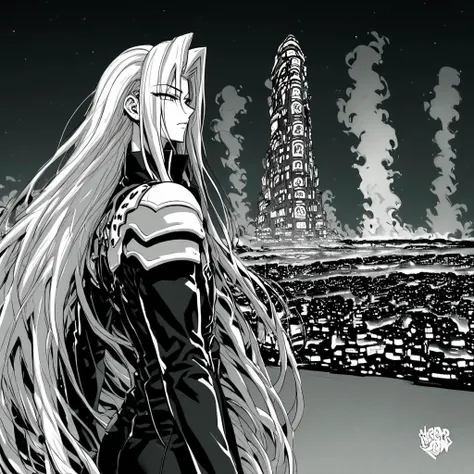 concept sketch, sephiroth standing near shinra_hq in the heart of midgar city, shinra logo, industrial cityscape, heavy smog, night, monochrome, grayscale